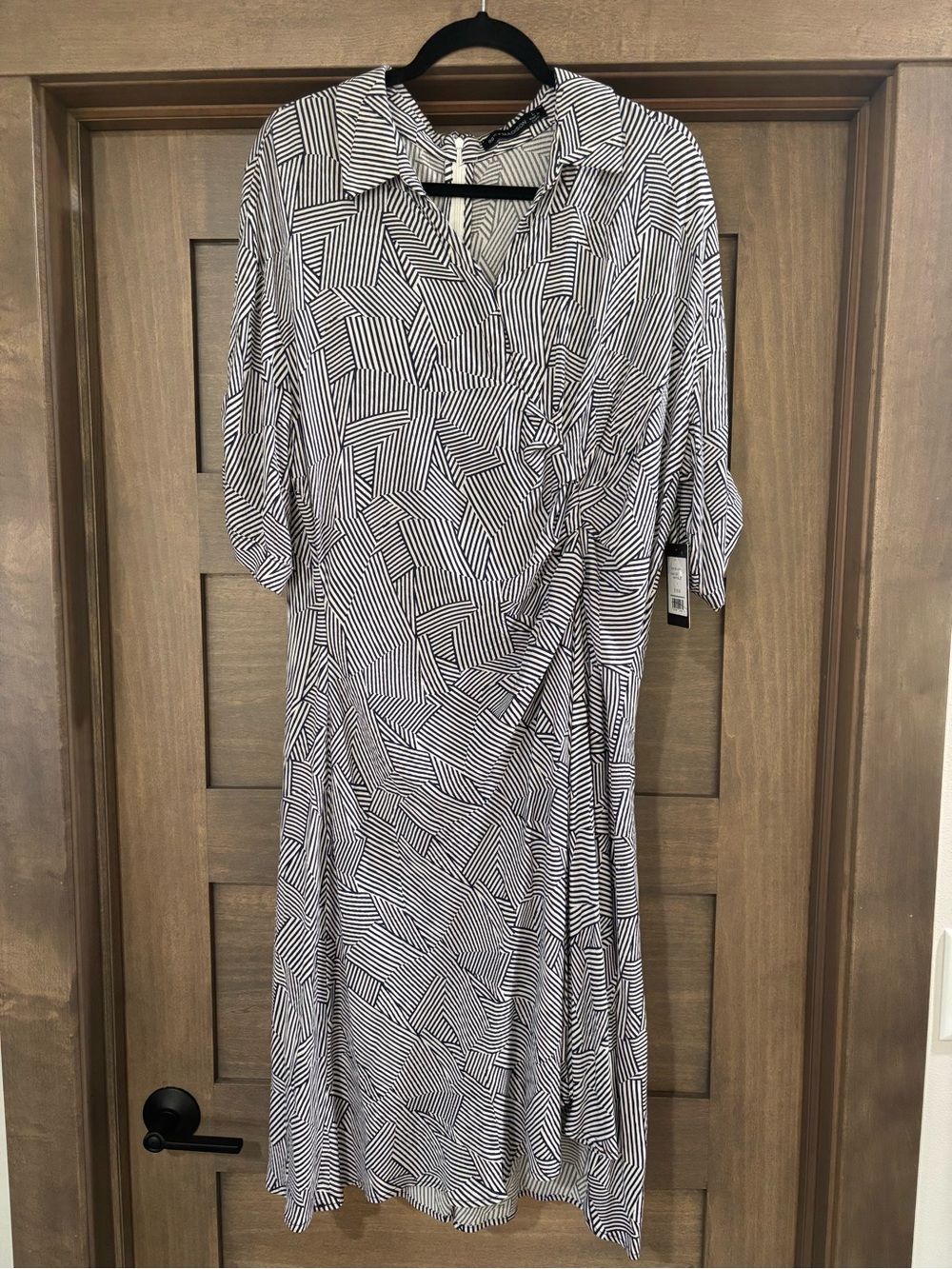 89th & Madison Navy and White Geometric Midi Faux Wrap Dress